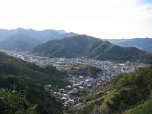 ①岩屋の山の上から見た大友公園背後にあるのが宮山