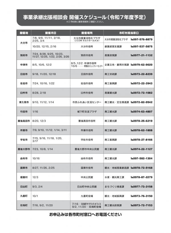 事業継承出張相談会開催スケジュール