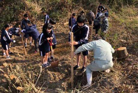 今回の植樹では、第一中学校の１・２生１６４名と第二中学校の１・２年生７５名がそれぞれ３人１組となり、植樹を行いました