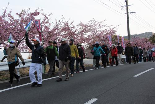 参加者は、朝早くから蔵谷特設会場に集合し、落ノ浦地区から越智小学校を回り、高浜海岸を周遊する８キロコースを歩きました