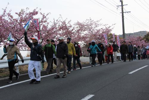 参加者は、朝早くから蔵谷特設会場に集合し、落ノ浦地区から越智小学校を回り、高浜海岸を周遊する８キロコースを歩きました