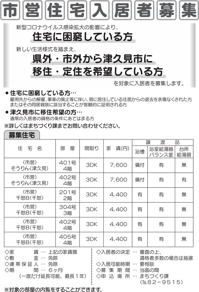 新型コロナウイルス感染症により困窮している方、移住・定住を希望されている方向けの住宅です。